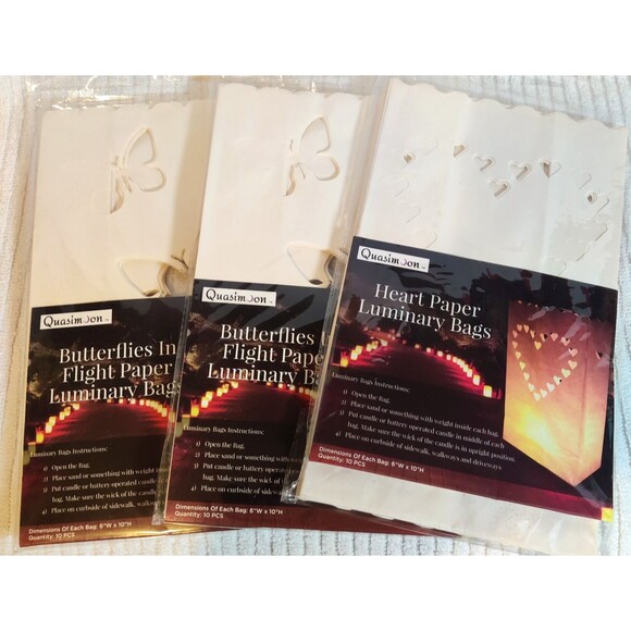 White Paper Luminary Bags, 30 Pcs 2 Butterfly, 1 Heart Flame Resistant Bags - Picture 2 of 8